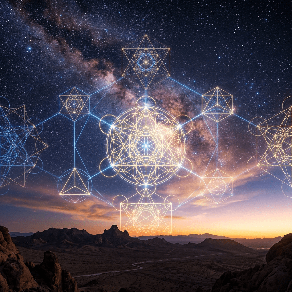 Glowing sacred geometry symbols over desert landscape at night with Milky Way galaxy